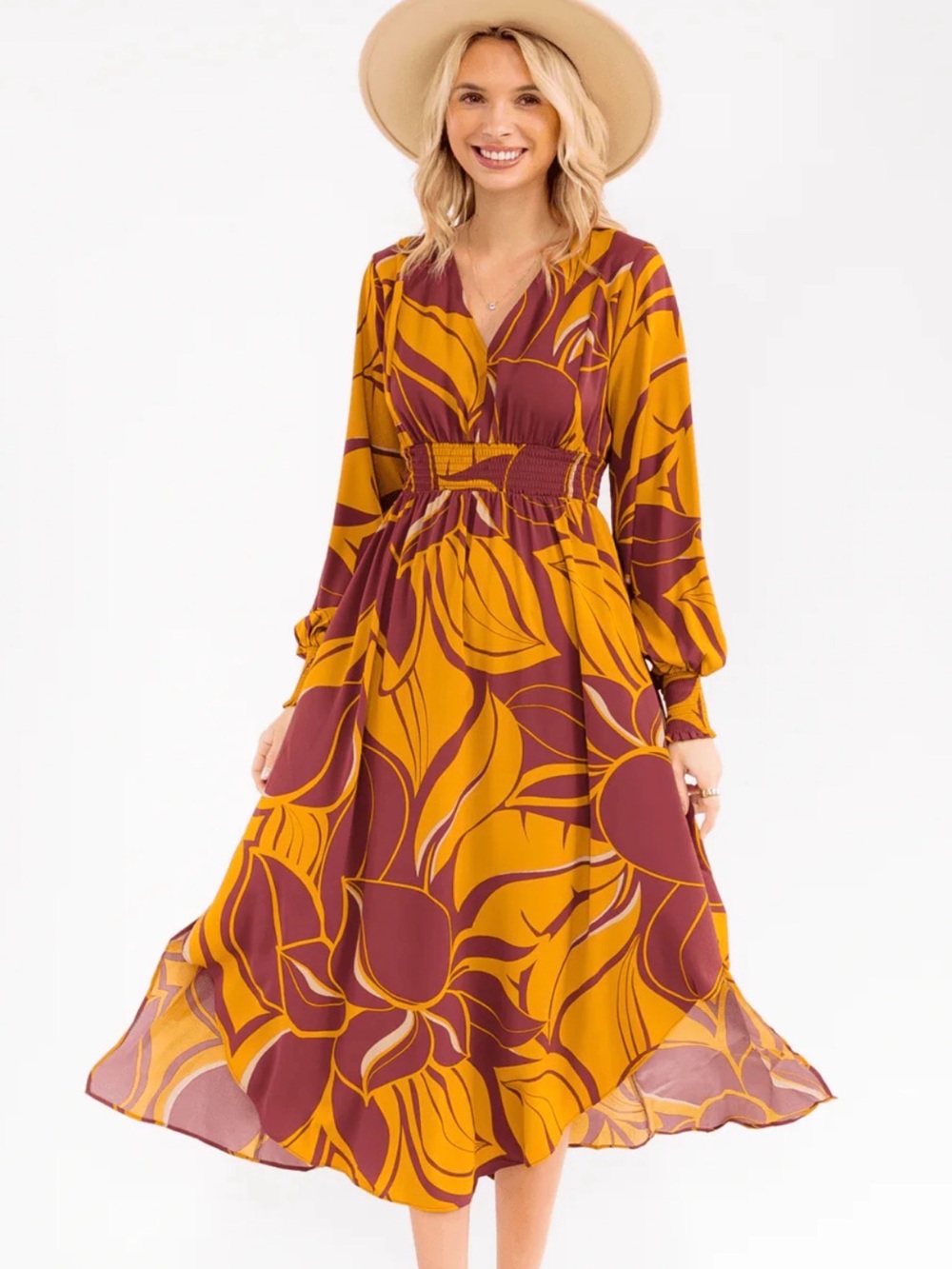 V-Neck Smocked Waist Maxi Dress in Mustard & Burgundy Floral